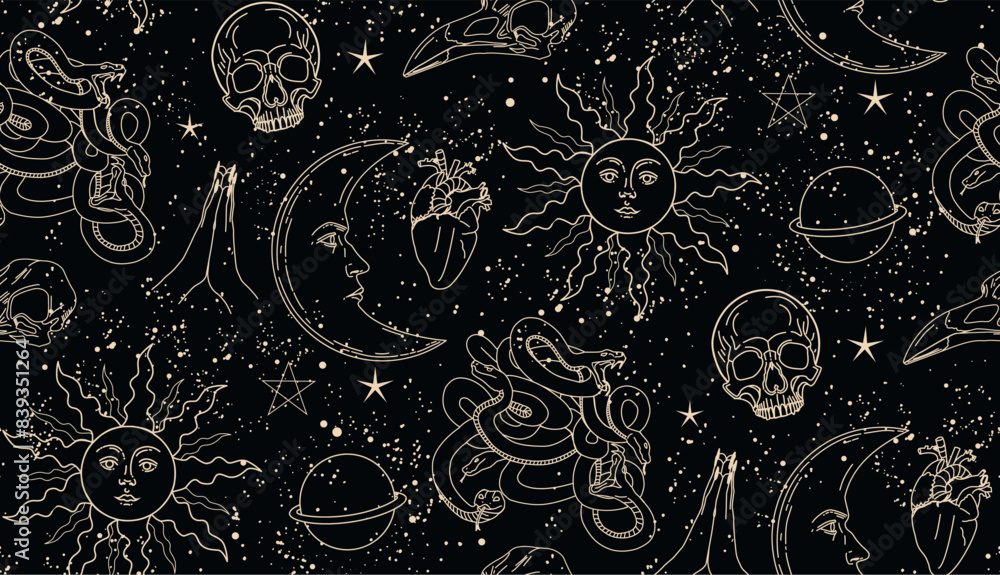 Wall mural seamless pattern with mystical elements. set of linear vector illustrations. celestial illustrations