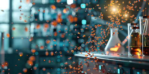 Cybernetic Serendipity: A swarm of glowing nanobots, dancing in the air, illuminating a dimly lit laboratory. 