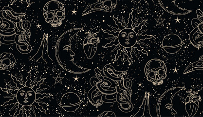 Seamless pattern with mystical elements. Set of linear vector illustrations. Celestial illustrations depicting the sun, moon, planet. design elements for decoration in a modern style.Gothic pattern. 