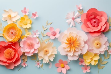 Flowers paper cut design. Beautiful spring paper cut flowers on soft color background. Valentine's Day, Birthday, Happy Woman Day, Mother's Day. Holiday poster and banner with flower papercut