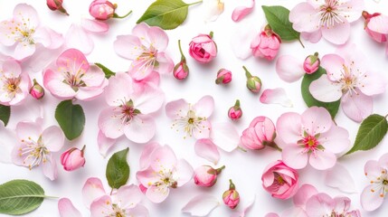 Spring tree flowers and petals, white background generative ai