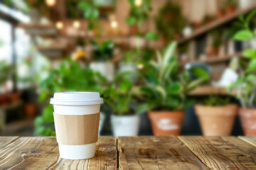 Takeaway coffee cup with green plants backdrop showcasing a sustainable lifestyle