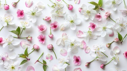 Spring tree flowers and petals, white background generative ai