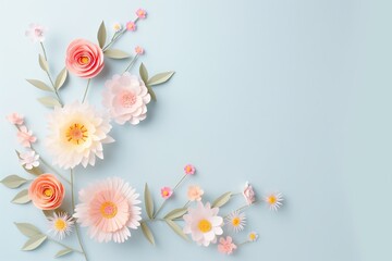 Flowers paper cut design. Beautiful spring paper cut flowers on soft color background. Valentine's Day, Birthday, Happy Woman Day, Mother's Day. Holiday poster and banner with flower papercut