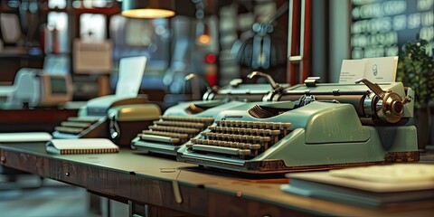 Antique Typewriters on Desk with Warm Lighting