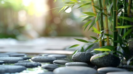 A tranquil zen garden background with smooth pebbles and bamboo, suggesting peace and mindfulness