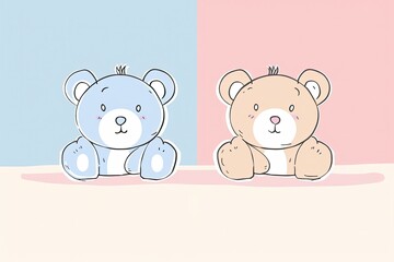 Fototapeta premium Minimalist line drawings of cute teddy bears, on a soft pastel background