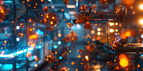 Obraz premium Cybernetic Serendipity: A swarm of glowing nanobots, dancing in the air, illuminating a dimly lit laboratory. 