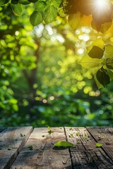 Sunlit Wooden Table in a Lush Green Forest with Sunlight Filtering Through Leaves - Perfect for Nature, Outdoor, and Relaxation Themes