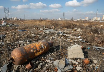 field littered with unexploded ordnance and remnants of military equipment, showcasing the dangerous and chaotic aftermath of war.