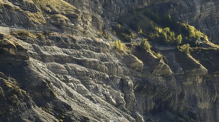 Mountain road cut into a cliff face, close-up, rugged terrain and steep drops, dramatic and scenic, no humans 