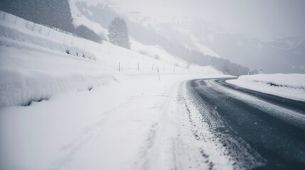 Empty road with fresh snowfall in the mountains, close-up, pristine white blanket, silent and deserted, no people 