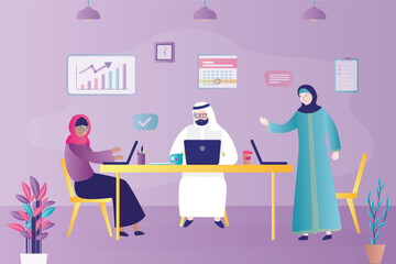 Muslim businesspeople work in company. People in traditional arabian clothes. Multiethnic colleagues met to discussion, brainstorming.