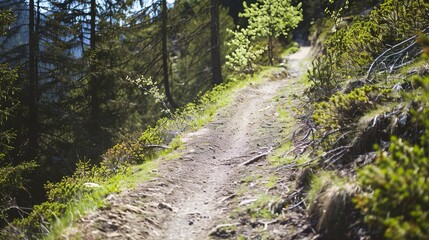 Fototapeta premium Close-up of a mountain bike trail, narrow and dirt-packed, surrounded by alpine forest, adventurous path, no humans