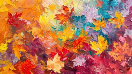 vibrant abstract autumn leaves painting with expressive oil brushstrokes on canvas texture