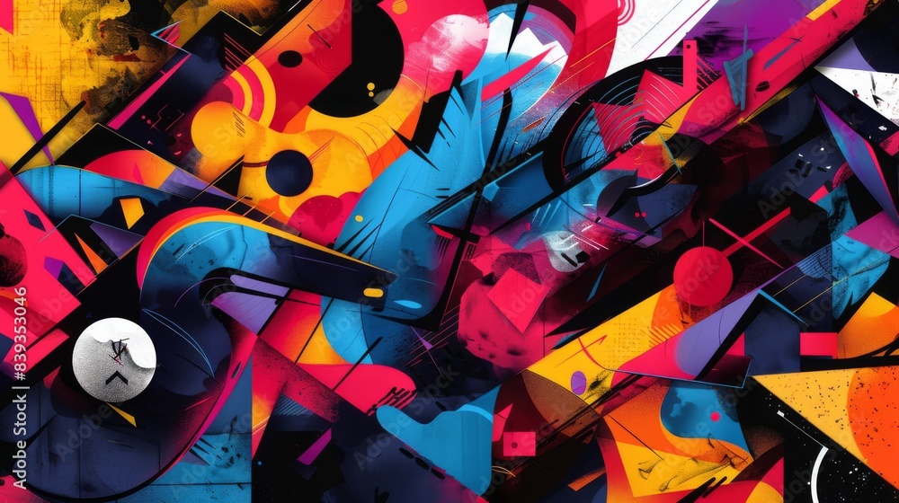 Poster a vibrant, chaotic abstract background with overlapping shapes and bold colors, expressing creativit