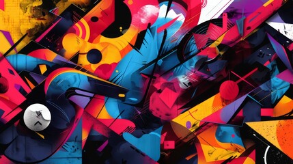 A vibrant, chaotic abstract background with overlapping shapes and bold colors, expressing creativity and spontaneity