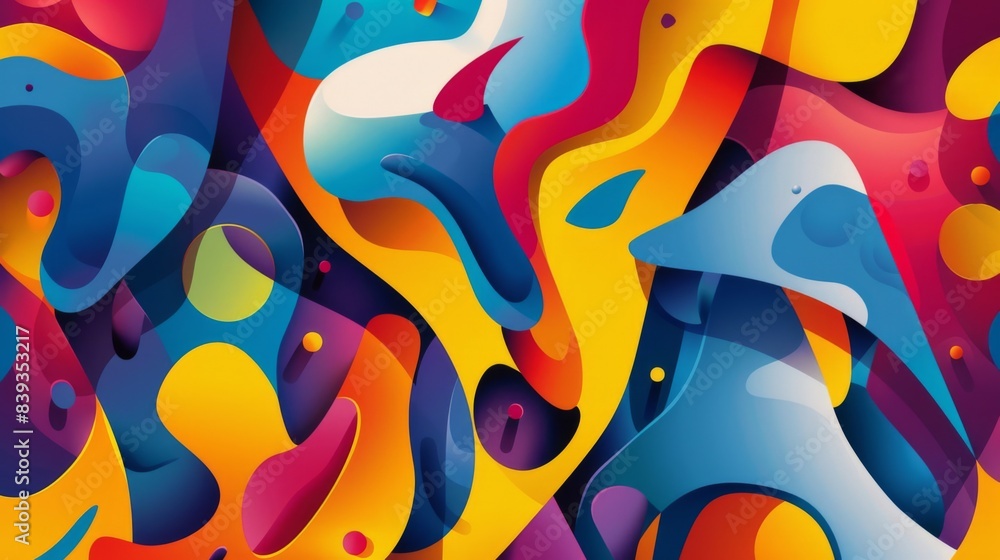 Poster A vibrant, chaotic abstract background with overlapping shapes and bold colors, expressing creativity and spontaneity