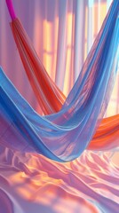 Colorful hammock hanging in a window with sunlight streaming through.