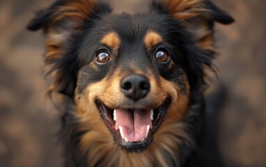 Fototapeta premium A close-up photo of a black and tan dog looking up at the camera with a big smile