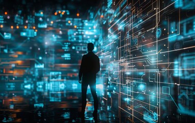 Fototapeta premium Automated process mapping for enterprise solutions, selective focus, business optimization, futuristic, silhouette, tech hub backdrop