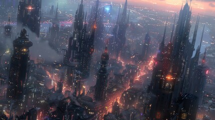 Fototapeta premium Futuristic city skyline with sleek, angular buildings soaring into the sky, accented by vibrant neon lights streaking through the bustling streets