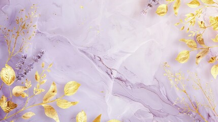A background with a golden floral design on lavender marble, providing a soft and elegant texture with space for text, suitable for beauty or aromatherapy product labels.
