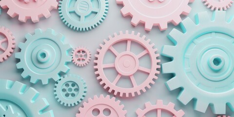 Minimalistic, pastel-colored gears and cogs on a clean background, providing generous copyspace