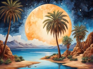 Beautiful Oasis Palm Tree Crescent and Starry Landscap