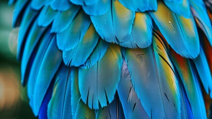 Obraz premium vibrant blue and green macaw feathers closeup vertical zoom wildlife photography