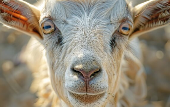 A white goat with blue eyes stares directly at the camera - Powered by Adobe