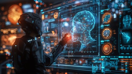 Obraz premium AI assistant generating digital art, holographic interface and advanced tools, futuristic and creative studio