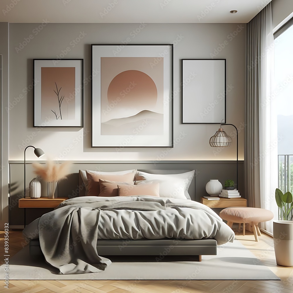 Wall mural A bed in bedroom style interior set design there is an poster empty white and combine with and paintings on the wall.