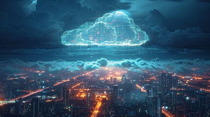 Obraz premium A digitally illuminated cloud hovers above a futuristic cityscape, highlighting the integration of advanced technology and urban infrastructure.