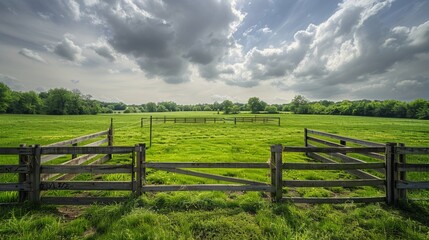 Fototapeta premium Open green fields with three wide empty pens for horses, daytime, nature, photorealistic, 8k resolution, photography 