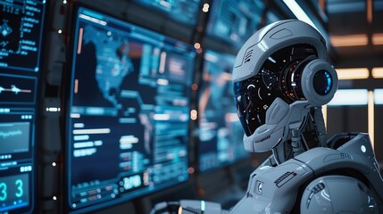 Fototapeta premium AI-powered robot in a modern lab, analyzing data on multiple screens, futuristic and high-tech environment, vibrant and innovative
