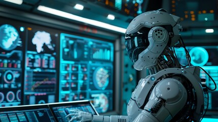 Fototapeta premium AI-powered robot in a modern lab, analyzing data on multiple screens, futuristic and high-tech environment, vibrant and innovative