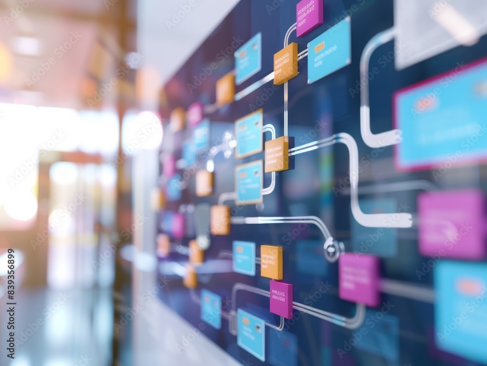 Poster Interactive flowcharts for digital business process mapping, close up, streamlined workflow, realistic, composite, office backdrop