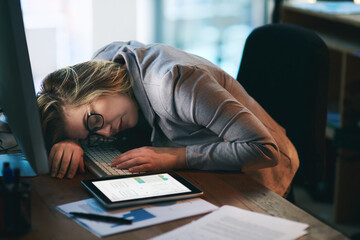 Tired woman, desk or sleeping at night with burnout in stress, anxiety or depression at office....