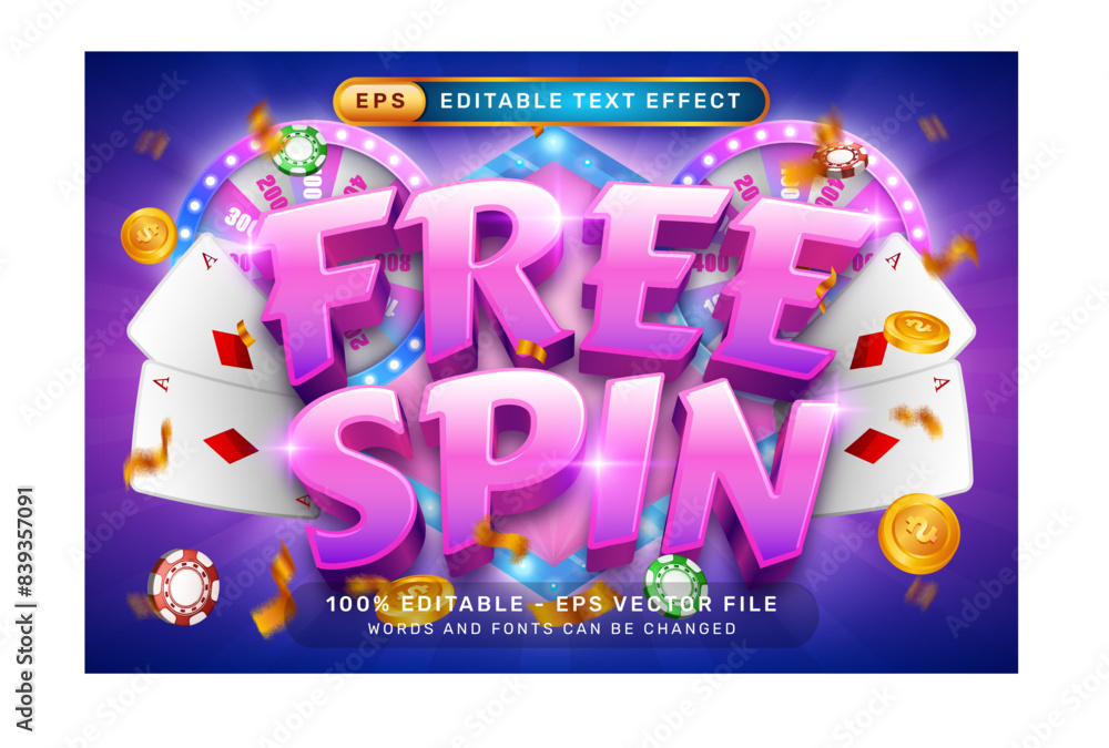 Poster free spin 3d text effect and editable text effect with an illustration of a spin lottery machine and