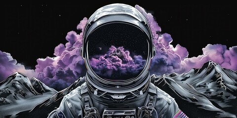 Surreal Astronaut, digital artwork of an astronaut with purple smoke emanating from the helmet, dreamlike mountain backdrop