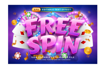 free spin 3d text effect and editable text effect with an illustration of a spin lottery machine and a glowing background	