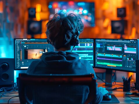 Creative cloud tools being used for video editing, dynamic and vibrant project, professional workspace