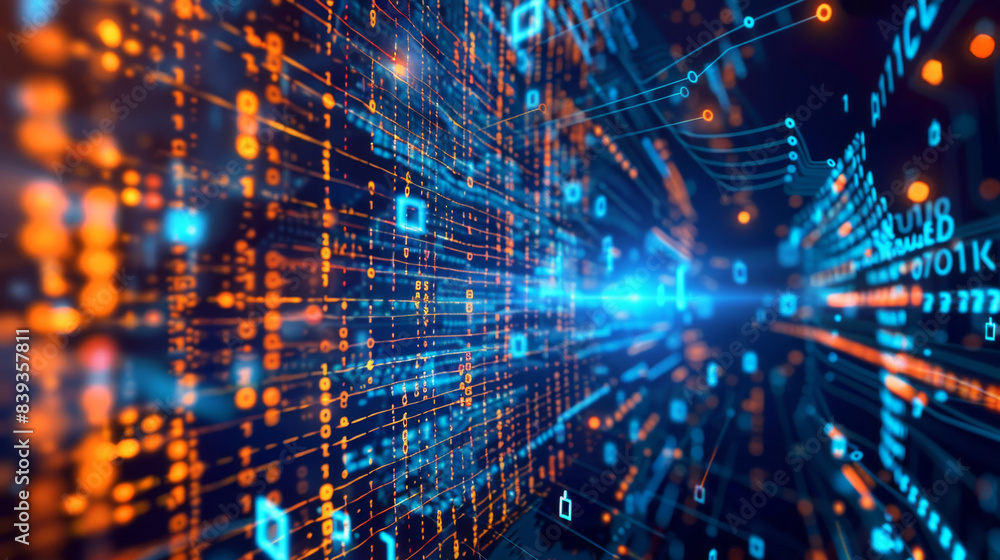 Poster a dynamic representation of a digital data stream with vibrant blue and orange lights, depicting the