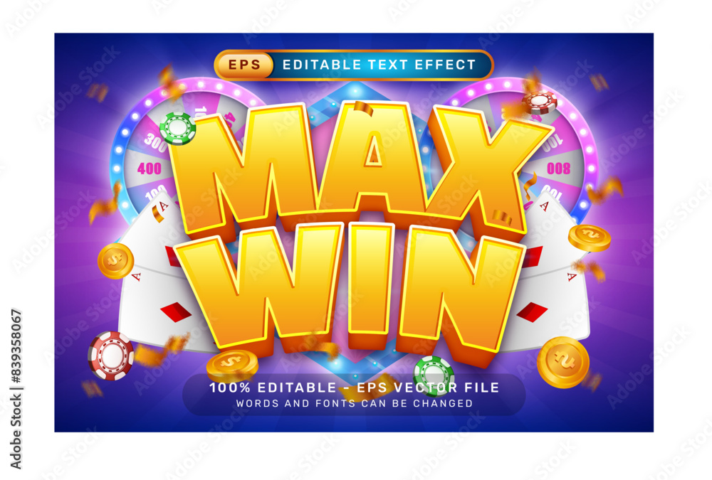 Poster max win 3d text effect and editable text effect with an illustration of a spin lottery machine and a