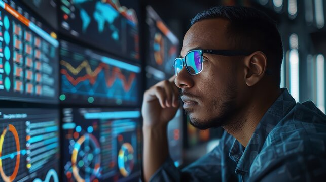 Data scientist analyzing machine learning results, colorful graphs and charts, detailed and professional setting