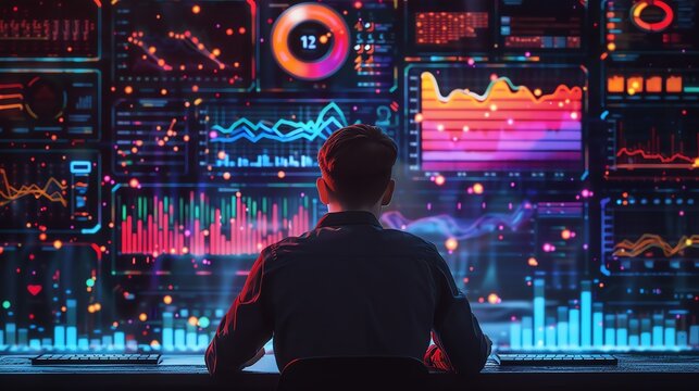 Data scientist analyzing machine learning models, colorful and detailed charts, professional and high-tech setting