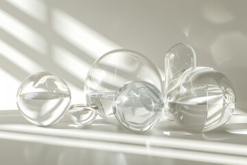 Clear glass shapes arranged in a minimalist style, with soft reflections and shadows. 
