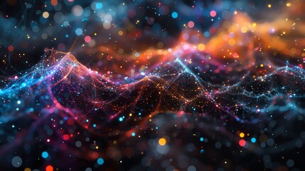 Obraz premium Machine learning algorithm visualized as an intricate web, colorful and abstract, data flow and connections