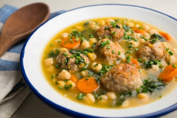 Meatball stew with chickpeas and spinach.